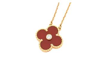159 Van Cleef Arpels Vintage Alhambra Holiday Edition Diamond Red Carnelian 18K Rose Gold Pendant Necklace
