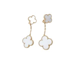 095 Van Cleef Arpels Magic Alhambra Two Motif White Mother of Pearl 18K Gold Drop Earrings