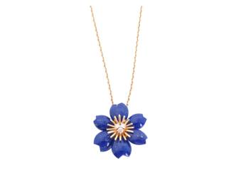 136 Van Cleef Arpels Rose de Noel Diamond Blue Lapis Lazuli Flower 18K Gold Pendant Necklace