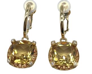 120 Mauboussin 18K Yellow Gold Diamond and Yellow Gemstone Cushion Drop Earrings