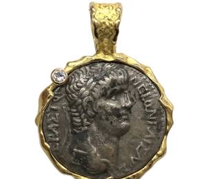 050 Italian 18K Gold and Sterling Silver AncientStyle Coin Diamond Pendant