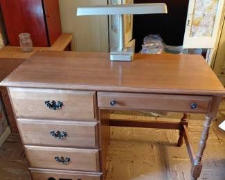 Solid wood desk with drawers and desk lamp