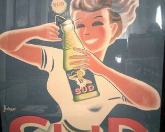 Mid-century French poster for SUD Beverages 50x66 1950. Framed.