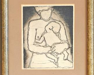MCM original intaglio-relief etching of mother & child by artist Joseph Demarais.