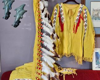 Native Anerican-style fringed & beaded buckskin war shirt & matching regalia pieces.