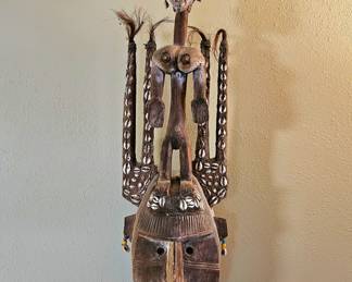 Carved wooden African N'tomo mask from the Bamana people of Mali. 