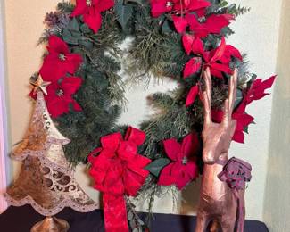 Christmas Wreath W Poinsettias, Gold Paper Mache Reindeer, Gold Painted Metal Tree