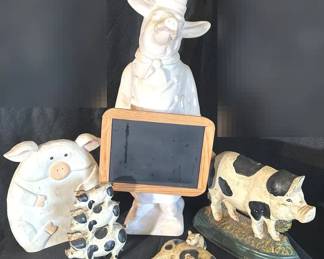 Resin French Chef Pig with Menu Board, Metal Spotted Pig Doorstops and More