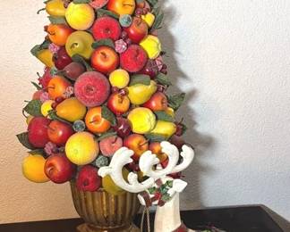 Sparkling Fruit Topiary, Resin Reindeer and Ceramic Snowman Plate