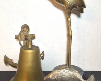A Nautical Lot Brass Anchor Wall Bell, Brass Crane Egret and Metal Carp Fish on Marble Bases