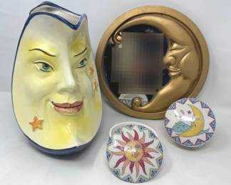 To the Moon Moon Face Italian Pitcher, Gold Toned Mirror and Studio Nova Ceramic Trinket Boxes