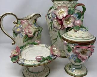 Fitz Floyd Garden Rhapsody 4 PC Set Footed Pitcher Large Vase Candle Holder Lidded Jar