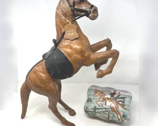 Vintage Wrapped Leather Rearing Horse and Fox Hunt Ceramic Trinket Box