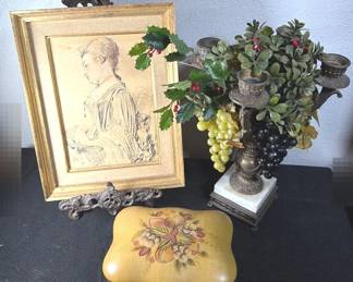 Seated Woman by Antoine Watteau Reproduction Print on Metal Scroll Easel, Marble Brass Candelabra