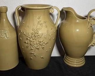 Set of 3 Olive Green Home Accent Glazed Ceramic Vessels Oil Bottle, Vase, Pitcher
