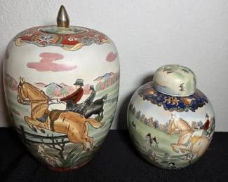 Pair of Vintage Porcelain Ginger Jars Featuring English Fox Hunt Scenes