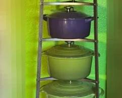 Colorful Tramotina & Cook’s Tools Cast Iron Cookware On Metal Rack & Ceramic Fruits On Jute