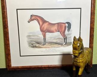 Vintage The Race Horse Framed Print Hand Carved Wooden Horse