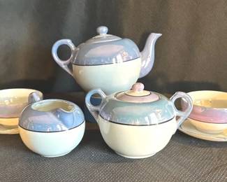 Vintage Japanese Pearl Blue Lilac Lusterware Tea Set