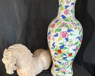 Mid Century Tang Horse Ceramic Austin Sculpture and Chinoiserie Asian Floral Vase