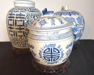 Three Vintage Chinese Blue and White Ginger Jars on Carved Wood Stands