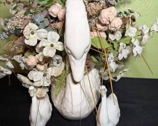 Pair of Vintage M. Requenas Porcelain Swans W Large Ceramic Swan Planter