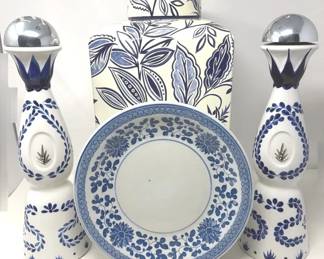 Shades of Blue Ceramic Square Ginger Jar, Pair of Clase Azul Tequila Bottles and Asian Style Plate