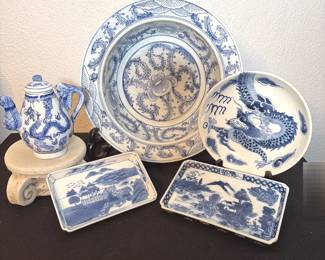 Traditional Chinese Style Blue White Porcelain Bowl, Teapot, Plate and Trinket Trays