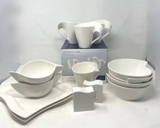 Villeroy Boch White New Wave Set of Coffee Mugs Bowls, Two Plates Small Bowls, Salt Pepper