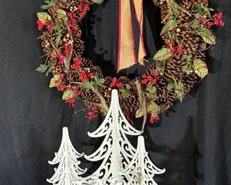 White Christmas Wooden Scrolled Trees and Reindeer with Pinecone Faux Antler Wreath and More