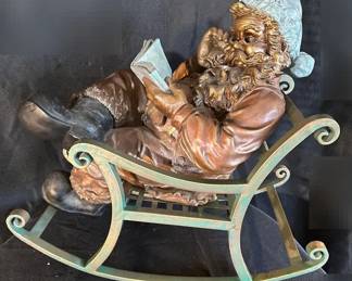 Grandeur Noel Resin Verdigris Bronze Colored Reading Santa Rocking in Metal Chair