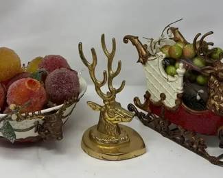 Ceramic Metal Christmas Decor Santas Sleigh Serving Bowl Brass Reindeer Head