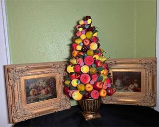 Pair of Signed Framed Still Life Fruit Oil Paintings Unknown Artist Decorative Fruit Topiary