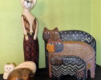 Carved Wood Cat Figurines. Laurel Burch, James Haddon, More