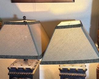 Pair of Resin Lamps W Elephant Motif Framed Shadow Box W 3 Carved Elephants