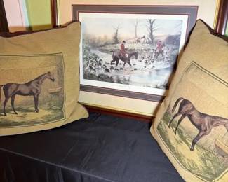 George Wright Crossing the Ford Matted and Framed Print with a Pair of Equestrian Themed Pillows