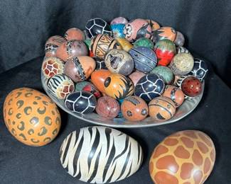 Hand Carved Etched African Tribal Eggs in Silver Colored Bowl 3 Ceramic Eggs