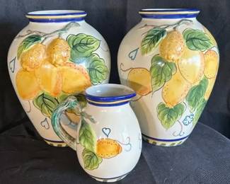 Two Hand Painted Pacific Rim Ceramic Vases and Lemon Pitcher