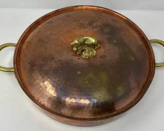 Vintage Hammered Copper Braiser Pot with Eggplant Knob Lid