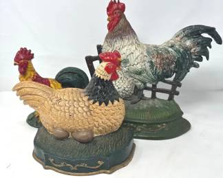 Vintage Cast Iron Metal Roosters and Nesting Hen Doorstops