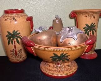 Vintage Crackle Glaze Ceramic Bowl and Vases with Hand Painted Palm Tree Motif