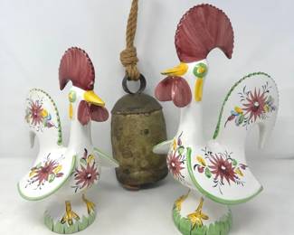 Pair of Ceramic Portuguese Roosters of Barcelos and Rustic Metal Cow Bell