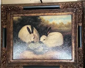 Vintage Textured Lithograph Print Two Himalayan Rabbits Eating Cabbage, Framed