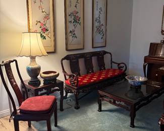 solid mahogany inlaid settees, misc chairs, lamps and decor art