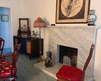 mid-century buffet/cabinet, teak screen , lamps great pair of foo dogs