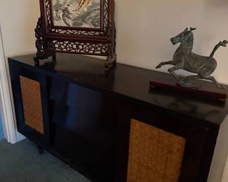 Mid century black cab/buffet w/ sea grass/wicker