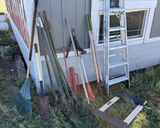 Lot #29 - Garden Tool Bundle with Ladder, Black & Decker Trimmer & wooden dolly