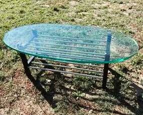Lot #68 - Oval Glass-Top Coffee Table with Metal-Rod Lower Shelf