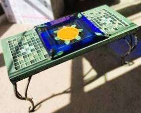 Lot #71 - Mosaic Accent Table with Blue Flower Tile & Curved Metal Legs