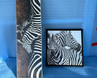 Lot #75 - Two Zebra Wall Art Pieces – Framed Pair & Long Canvas